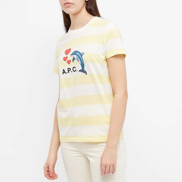 A.P.C. White Yellow Cotton Striped Dolphin Heart Logo Graphic Tee - Size M - Picture 1 of 15